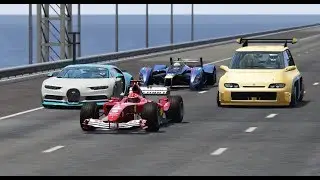 Ferrari F1 2004 vs Renault Espace F1 vs Red Bull X2010 vs Bugatti Chiron - Drag RACE