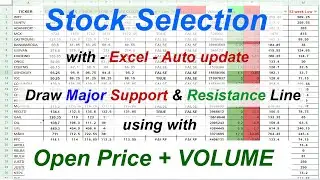 Stock Selection Using Excel with Auto Update || Support & Resistance using with Open price + Volume