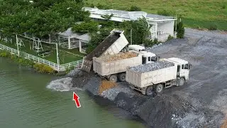 Updating New Achieved Deep Water Pond Reclamation Processing Wheel Loader Push Stone Leveling