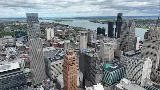 Drone 360 Above Downtown Detroit - Resurging City With New Hudson's Detroit Skyscraper