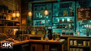 4K Peaceful Winter Night at Cozy Coffee Shop Ambience ☕ Relaxing Jazz Instrumental Music to Study