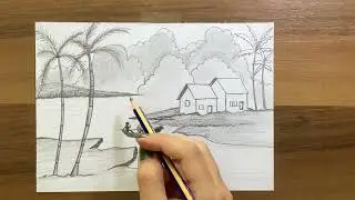 Landscape, lake, house drawing with pencil drawing, easy drawings
