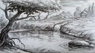 how to draw realistic scenery with pencil - Old tree near the river