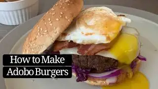Adobo Burgers | A skillet burger with bacon inside and egg on top