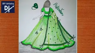 Green Dress Sketch for Pakistan Independence Day | 14 August Art | DIY Artistry