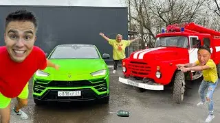 Пожарный на пожарной машине против мотоциклиста на мотоцикле Yamaha против моего брата на Audi в ...