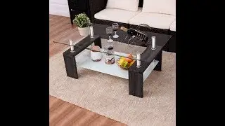 Costway Black Rectangular Tempered Glass Coffee Table Shelf Wood Living Room Furniture