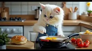 Cute kitten is afraid of a pear  Funny cats do human things