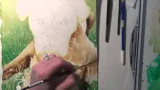Fun Watercolor Painting of a Dog with Baby Birds by Tracy Lizotte.