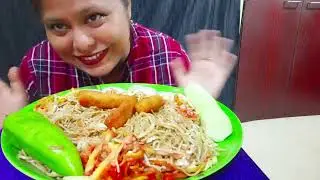 Egg chowmein , potato finger pakora,  salad with tomato ketchup Lanka. #eating #mgfoodandmukbang 