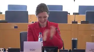 EU Parliament, Brussels --- Maria Ramos moderates in the European Parliament, Brussels.