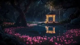 Enchanted Mushroom Forest Gazebo 🌙 Crickets, Water & Relaxing Night Ambience [4K]