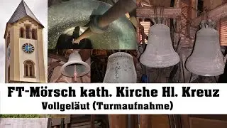 Frankenthal-M&ouml;rsch, kath. Kirche Hl. Kreuz, Vollgel&auml;ut (Turmaufnahme)