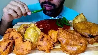 STREET FOOD EATING SAMOSA | BRINJAL BAJJI | Onion Pakora With chilli#HungryPiran