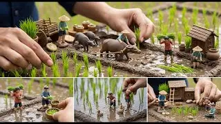 Miniature Rice Field Farming &ndash; Tiny Farmers, Water Buffalo & Realistic Clay Scene