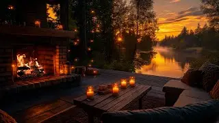 Riverside Porch 🔥 Fireplace & Flowing Water Sounds for Relaxation