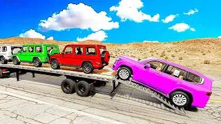 Four Trucks Transporting cars with Flatbed Trailers | Cars vs Speedbump vs Train vs Pothole #013