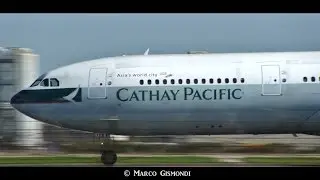 Cathay Pacific Airbus A340-313X takeoff from Rome Fiumicino 34L