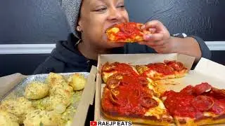 ASMR MUKBANG PIZZA HUT DETROIT CHEESY PEPPERONI PIZZA GARLIC BREAD ASMR EATING 먹방 REAL EATING SOUND