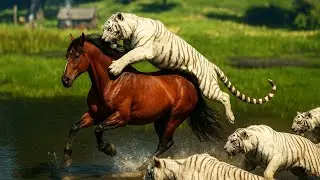 Liver Chestnut Color Coat Horse Being Chased By Three White Tigers 🐎🐅🐅🐅🔥