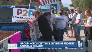 Group gathers to protest distance learning at CCSD headquarters