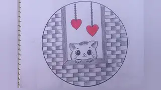 Easy Circle Drawing of Cute Cat 😍| Simple Pencil Sketch | Scenery for beginners
