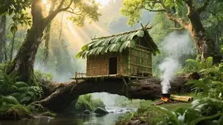 Building a Tree Bridge Shelter Across Two Fallen Trees | Creative Jungle Survival