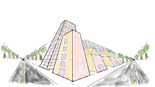 How to draw 3 - Point Perspective -Step by Step - Frog's view - Skyscrapper