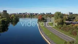 Drone video of Rideau Canal, and Dow's Lake beside Colonel By Drive in Ottawa Ontario Canada during