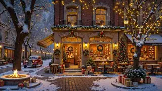 Cozy Christmas Caf&eacute; Street 🎄 Warm Lights, Snowy Winter Ambience & Relaxing Jazz for Study