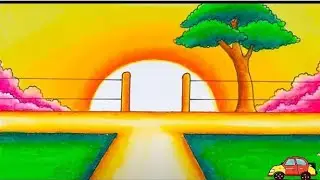 how to draw nature scenery of waterfall__ sunset and Indian village scenery drawing,