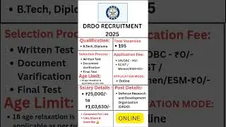 DRDO Recruitment 2025 ll Apply Now New Govt Job ll #newjob #DRDO #governmentjobs  195 Vacancy #2025