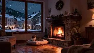 🌙 Winter in Europe with Cat | Relaxing study & chill beats with cozy fireplace 🐱❄️