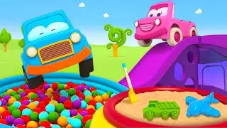 Zeichentrickfilm mit den Schlauen Autos. Max, Mimi und Boo auf dem Spielplatz. Kindercartoon