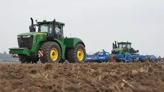 John Deere 9520R pre-series and 9570RT pulling Horsch Tiger and Lemken Gigant cultivators + TAKE X