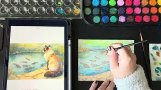 Watercolor Art Card Painting | Cat Watching Fish