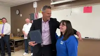 Superintendent Ayres surprises Steinbrenner senior w/Florida Prepaid 2-Year College Plan Scholarship