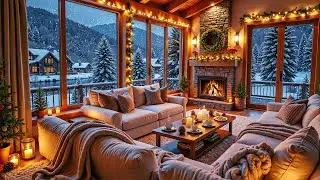 Relaxing Winter Piano Music 🎹 Cozy Living Room Ambience with Snowfall & Warm Fireplace 🔥❄️
