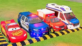TRANSPORTING CARS, AMBULANCE, POLICE CARS, FIRE TRUCK OF COLORS! WITH TRUCKS! - FS 22
