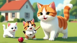 The cat is helping her children play and the children are playing well.
