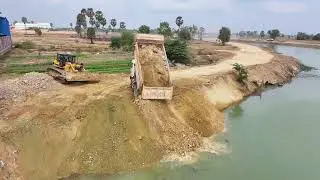 Best Video Best Action Skill Operator Powerful Bulldozer KOMATSU D60P Push Stone Clear the Big lake