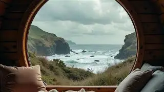 Cozy Cabin Round Window to the Ocean | Relaxing Waves & Cliffside View (4K)
