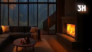 3 Hours Heavy Rain & Thunder for Deep Sleep | Cozy Modern Cabin Fireplace