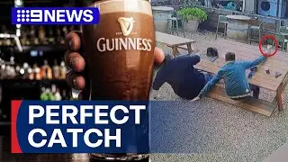 Man makes impressive catch during beer garden tumble | 9 News Australia