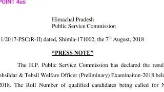 HPPSC Declare Result Naib Tehsildar & Welfare Officer (Preliminary) Examination-2018