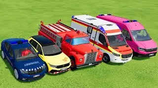 POLICE CARS, FIRE DEPARTMENT, AMBULANCE VEHICLES TRANSPORTING WITH TESLA ELECTRIC TRUCKS ! FS22