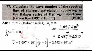 Calculate the wavenumber of spectral line of shortest wavelength appearing in the Balmer series of H