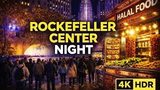 🇺🇸NYC Night Walk | Rockefeller Center & Halal Street Food | 4K HDR