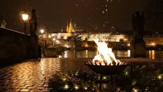 Prague Winter Night with Fire 🔥 Snowfall & Cozy City Ambience