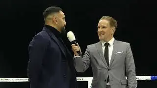 Boxer Karo Murad fordert J&uuml;rgen Br&auml;hmer im Ring zum Kampf auf im November 2023